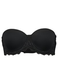 Zwarte strapless bh met voorgevormde cups, kantdetails in het midden en een gladde textuur; beschikt over een achtersluiting voor een naadloze pasvorm.