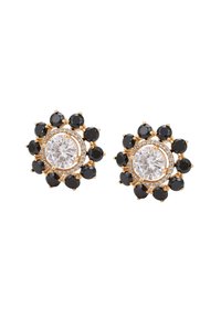Orecchini a stud color oro con una grande pietra centrale trasparente circondata da pietre nere, con un design floreale circolare.