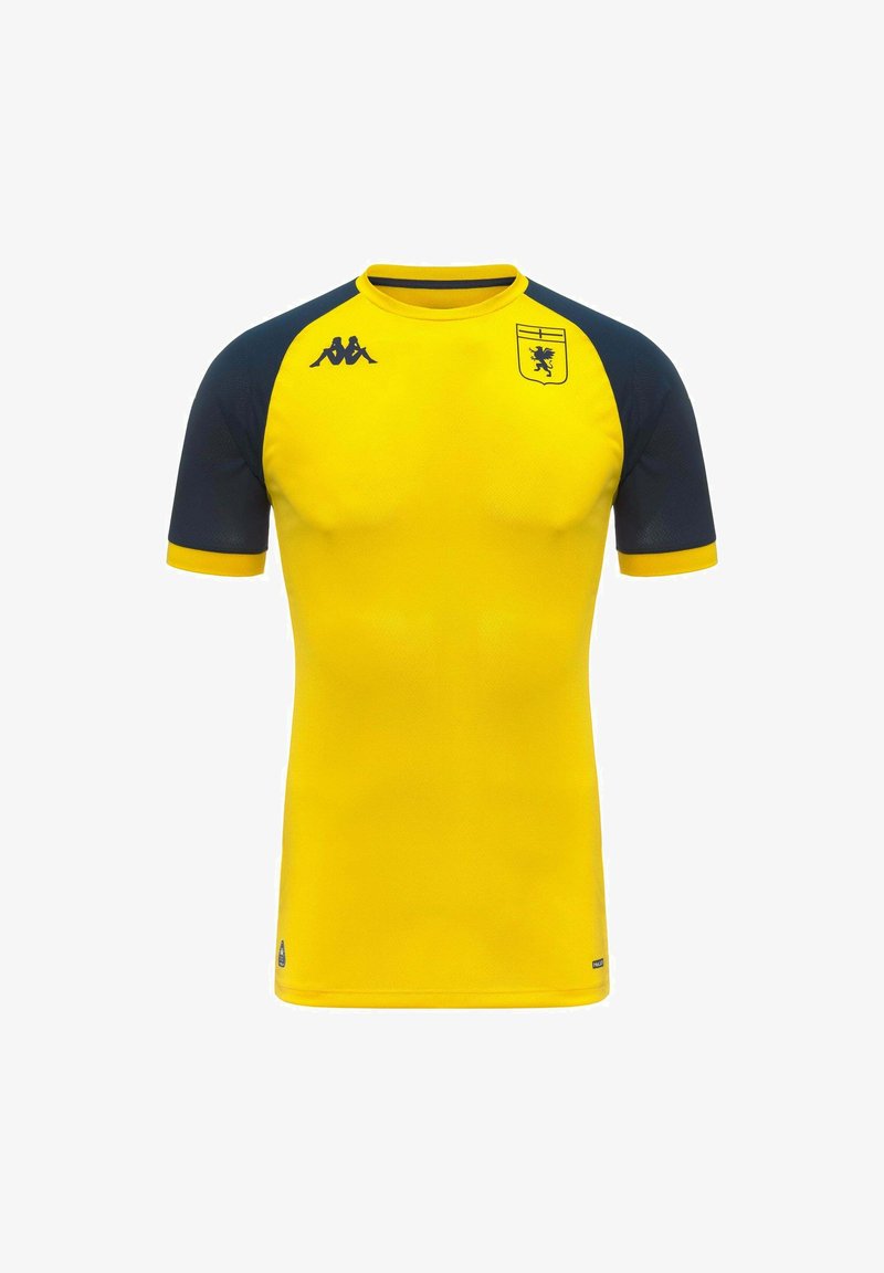 Maillot de sport jaune avec des manches bleu foncé, avec un blason lion noir sur la poitrine et un logo double silhouette noire sur l'épaule.