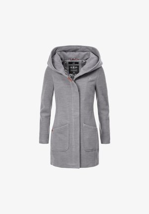 Light grey long coat featuring a large hood, two front pockets, and a smooth texture. Includes a label with brand and care instructions.
