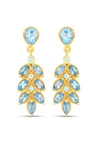 Gold-tone earrings with light blue marquise-cut gemstones and round accents, featuring an intricate leaf-like design.