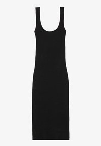 Abito canotta nero a costine con silhouette aderente, scollatura rotonda e senza maniche. Realizzato in un tessuto elasticizzato, arriva a metà polpaccio.