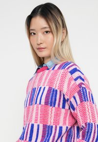 Young woman with straight black-to-blonde hair wears a pink, blue, and purple patterned knit sweater over a blue collared shirt.