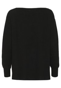 Pull noir en tricot à manches longues avec une coupe ample et des poignets côtelés, présenté de dos sur un fond blanc.
