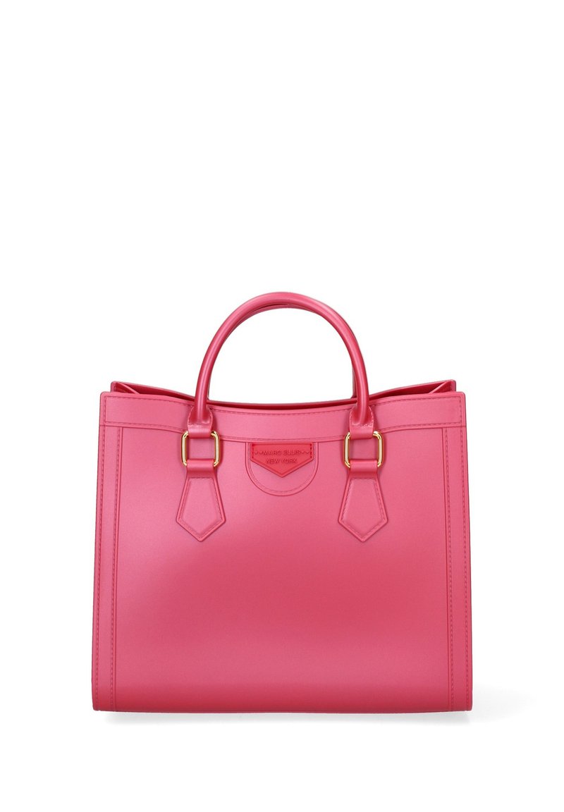 Sac à main en cuir rose avec deux poignées arrondies, accents en métal doré et une forme rectangulaire structurée. Comprend des détails cousus et un logo.