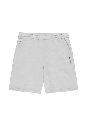 Shorts décontractés gris clair avec taille élastique, poches latérales, et petit logo bleu "Pockies" sur la jambe droite.