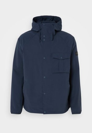 Dunkelblaue Jacke mit Kapuze, Vorderknöpfen, seitlichen Taschen und einer Brusttasche. Hergestellt aus einem glatten, strapazierfähigen Material mit einer lockeren Passform.