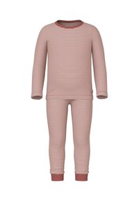 Rood-witte gestreepte pyjama set met lange mouwen, gemaakt van zacht materiaal, met een ronde hals en aansluitende manchetten op zowel het boven- als onderstuk.