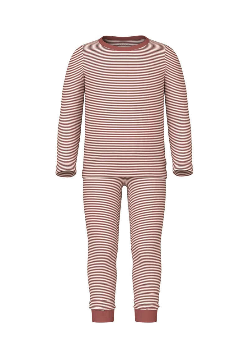 Rood-witte gestreepte pyjama set met lange mouwen, gemaakt van zacht materiaal, met een ronde hals en aansluitende manchetten op zowel het boven- als onderstuk.