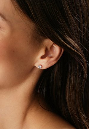 Silberne Ohrstecker mit einem klaren runden Zirkonia-Stein, in einer einfachen Krappenfassung, getragen am Ohr eines Modells.