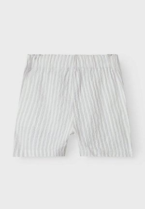 Lichtgrijze shorts met witte verticale strepen, uitgevoerd in een gestructureerde stof en voorzien van een elastische tailleband voor een comfortabele pasvorm.