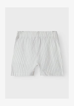 Light gray shorts with white vertical stripes, featuring a textured fabric and an elastic waistband for a comfortable fit.