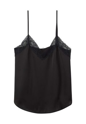 Camisola in satin nera con spalline regolabili, bordatura in pizzo lungo il collo e orlo liscio, leggermente arrotondato.