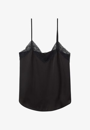 Camisola in satin nera con spalline regolabili, bordatura in pizzo lungo il collo e orlo liscio, leggermente arrotondato.