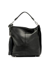 Borsa a tracolla nera in pelle con un manico corto, zip visibile sulla parte superiore e un pon-pon decorativo che pende sul lato.