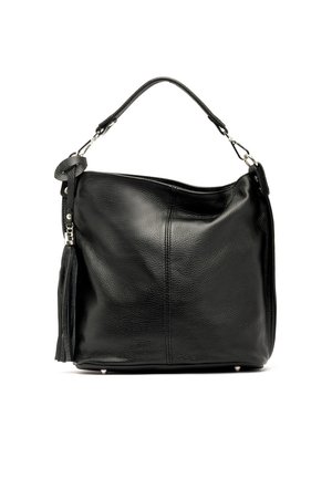 Black leather handbag with one short handle, visible zipper top, and decorative tassel hanging on the side.
