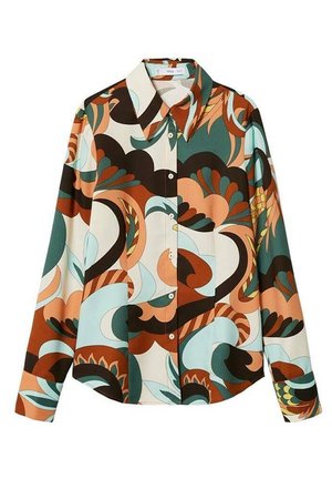 Koszula na guziki z długim rękawem o abstrakcyjnym retro wzorze kwiatowym w kolorach morskim, brązowym, pomarańczowym, czarnym i kremowym.