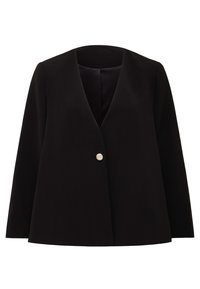 Schwarzer Blazer mit tiefem V-Ausschnitt, einstelligem Knopfverschluss und langen Ärmeln. Hergestellt aus glattem Stoff mit strukturierter Form und minimalistischem Design.