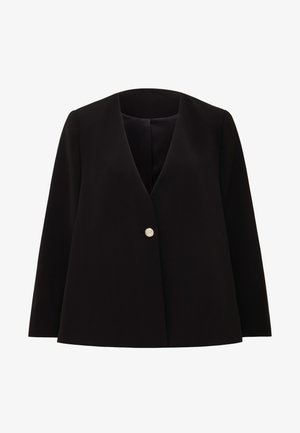 Čierny blazer s hlbokým výstrihom do V, jedným gombíkom a dlhými rukávmi. Vyrobený z hladkej tkaniny so štruktúrovaným strihom a minimalistickým dizajnom.