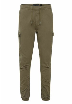 Olive green jogger pants made of lightweight fabric with an elastic waistband and drawstring, featuring side cargo pockets and tapered legs.