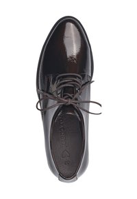 Schicke braune, polierte Lederdressschuhe mit runder Zehenform, Schnürdesign und glatter Oberfläche. Enthält eine markierte Innensohle und strukturierte Schnürsenkel.