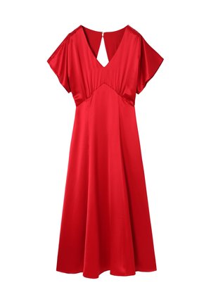 Rotes Satin-Kleid mit V-Ausschnitt und fließenden Ärmeln. Mit gerafften Details an der Brust und einem Schlitzverschluss im Rücken mit Reißverschluss.