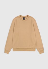 Sudadera beige de manga larga, cuello redondo, con puños y dobladillo acanalados, presenta un parche con el logo en el pecho y la manga. Textura suave.