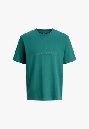 Chlapec stojaci a usmievajúci sa, oblečený v zelenom tričku značky Jack & Jones, voľných modrých džínsoch a bielych teniskách na jednoliatom pozadí.