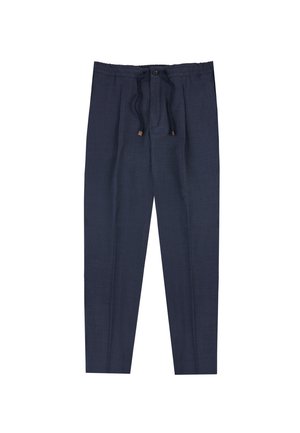 Pantalons bleu marine en tissu texturé, dotés d'une taille élastique avec cordon de serrage et d'une fermeture à bouton unique sur le devant.