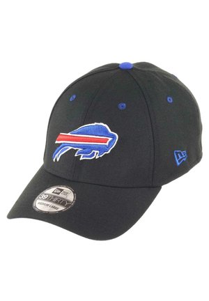 Black cap with a curved visor and blue stitching. Front features an embroidered blue buffalo logo with red and white accents. 39THIRTY tag visible.