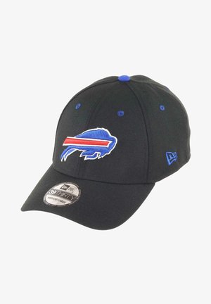 Black cap with a curved visor and blue stitching. Front features an embroidered blue buffalo logo with red and white accents. 39THIRTY tag visible.
