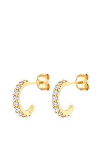 Goldfarbene Creolen mit einer Reihe klarer Steine, die entlang der äußeren Kante eingelegt sind, und einem sicheren Stecker. 