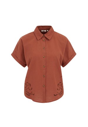 Rustfarvet kortærmet skjorte med knapper, krave og blomsterudskæringer nær kanten på begge sider.
