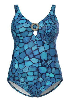 Maillot de bain une pièce avec motif mosaïque bleu, encolure en V et détail décoratif d'anneau circulaire au centre devant.