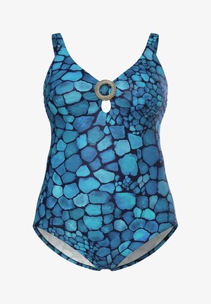 Maillot de bain une pièce avec motif mosaïque bleu, encolure en V et détail décoratif d'anneau circulaire au centre devant.