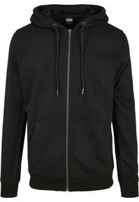 Sudadera negra con cremallera, hecha de una tela suave, que cuenta con capucha con cordón, bolsillos frontales y puños y dobladillo acanalados. Diseño simple y funcional.