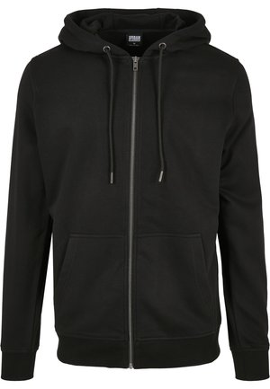 Svart zip-up hoodie i mjukt tyg, med justerbar huva, framfickor samt ribbade muddar och fåll. Enkel och funktionell design.