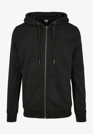 Schwarze Zip-Hoodie aus weichem Material, mit einer verstellbaren Kapuze, Fronttaschen und gerippten Bündchen sowie Saum. Einfaches und funktionales Design.