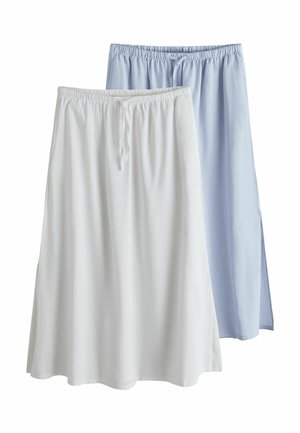 Dwie długie spódnice z elastycznymi pasami i sznurkami, jedna biała z przodu, a druga jasnoniebieska z tyłu, obie wykonane z lekkiego materiału.