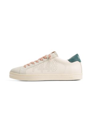 Low-top beige sneaker with pink laces, perforated "P448" logo on side, and dark green heel tab with white lettering.