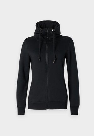 Černá mikina na zip s vysokým límcem a stahovací kapucí, s dlouhými rukávy a ribovanými manžetami. Vyrobena z měkké, elastické látky.