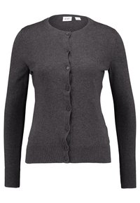 Ciemnoszary kardigan wykonany z miękkiej dzianiny, z długimi rękawami, okrągłym dekoltem oraz zapinany z przodu na guziki w tym samym kolorze.