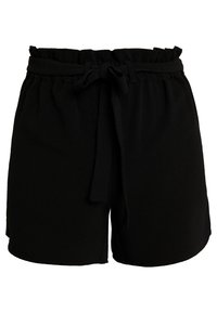 Pantalones cortos negros con cintura elástica, que presentan un borde superior con volantes y un detalle de cinturo atado. Tejido suave con una textura lisa.