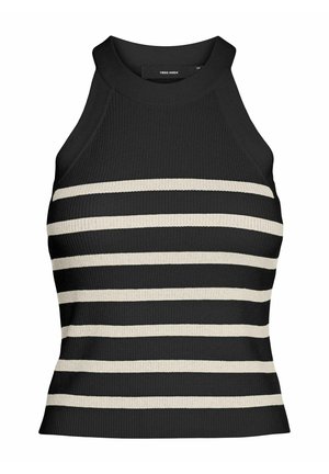 Crna i krem prugasta halterska majica od rebraste pletenine s prilagodljivim dizajnom i visokim izrezom, koja sadrži horizontalne pruge i teksturiranu tkaninu.