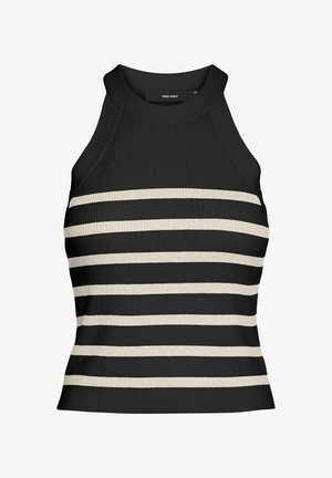 Crna i krem prugasta halterska majica od rebraste pletenine s prilagodljivim dizajnom i visokim izrezom, koja sadrži horizontalne pruge i teksturiranu tkaninu.
