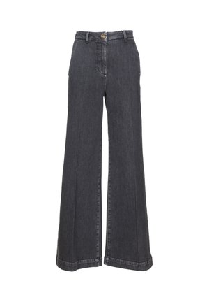 Wijdvallende denim broek in donkergrijs. Gemaakt van stevig materiaal met een sluiting aan de voorkant met knoop en rits, en voorzien van twee zijzakken.