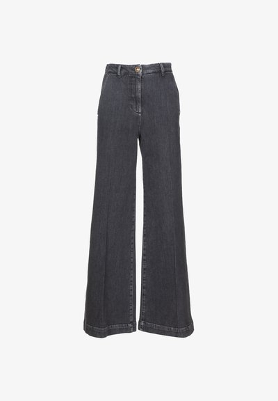 Tamsiai pilkos plačios kojos džinsai. Pagaminti iš tvirtos medžiagos, su priekiniais mygtukais ir užtrauktuku, turi dvi šonines kišenes.