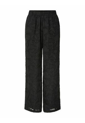Pantalones negros de pierna ancha con cinturilla elástica y bordado floral texturizado en toda la tela. El dobladillo es ligeramente transparente.