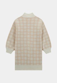 Maglione a maglia beige chiaro con vestibilità rilassata, caratterizzato da un motivo ripetuto, colletto e polsini a coste. Tessuto morbido, design di lunghezza media.