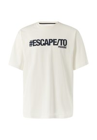 Crèmekleurig T-shirt van katoen, met een ronde halslijn en korte mouwen. Op de voorkant staat in vetgedrukte zwarte tekst: "#ESCAPE/TO PARADISE".